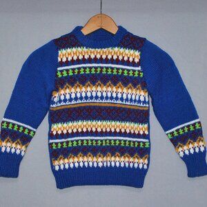 Vintage Hand Knit Sweater Size Small Blue Multicolor Geometric Fair Isle